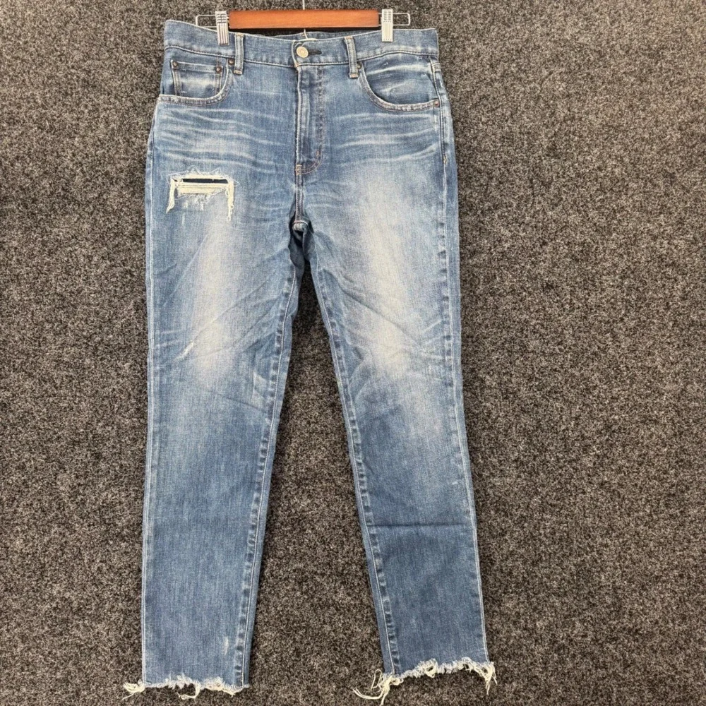 Moussy Vintage Distressed Straight Leg Jeans Blue Raw Hem High Rise Size 31